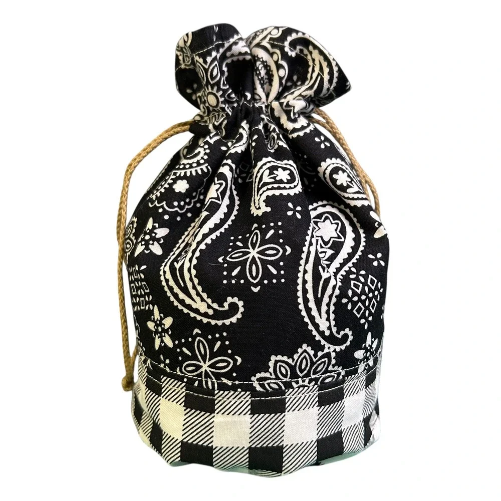 Black White Paisley Buffalo Check Drawstring Satchel Wristlet Bag Handmade NEW